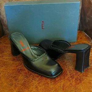 NEW Black Leather Closed Toe Wooden Heeled Mules